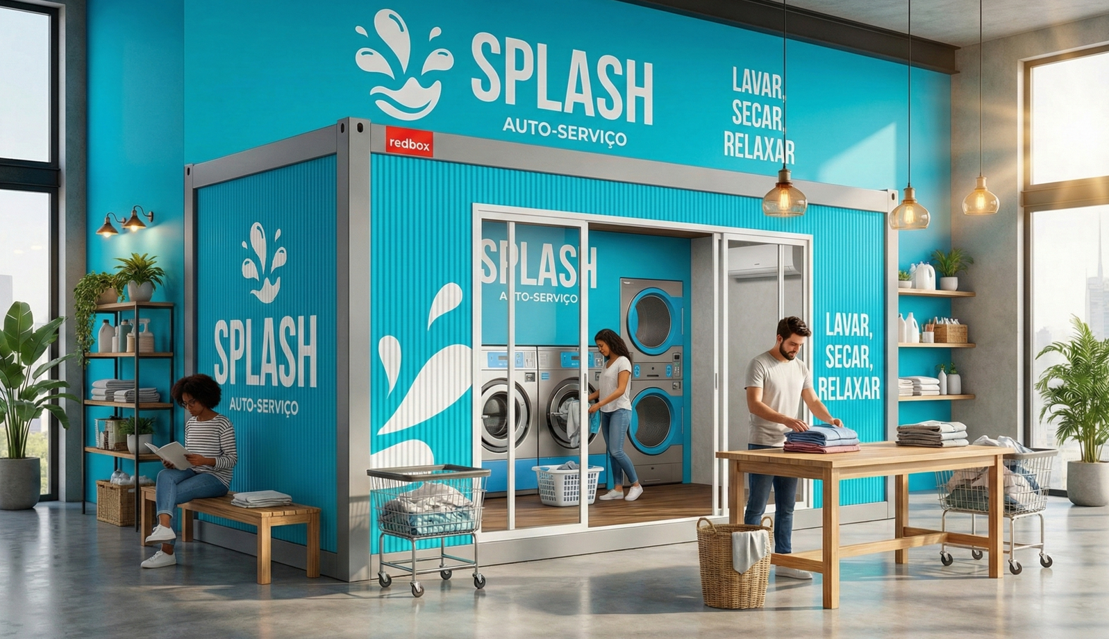 Lavanderia Autoserviço em container construção modular Redbox