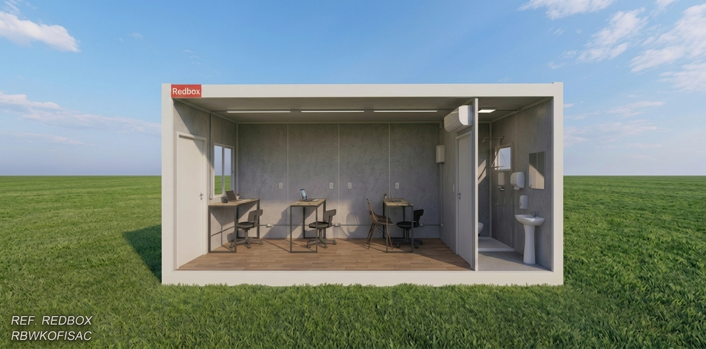 Módulo Container Office, com banheiro em canteiro de obra